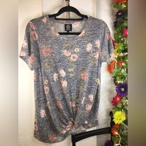 Bobeau | Women’s Blue with Colorful Floral Pattern Short Sleeve Blouse Top